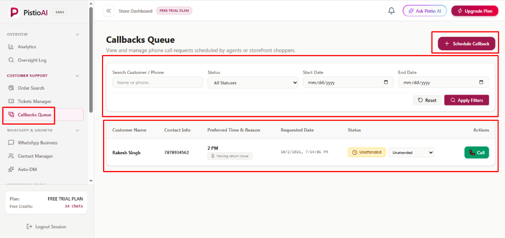PistioAI Callbacks Queue Action Column with Green Call Button