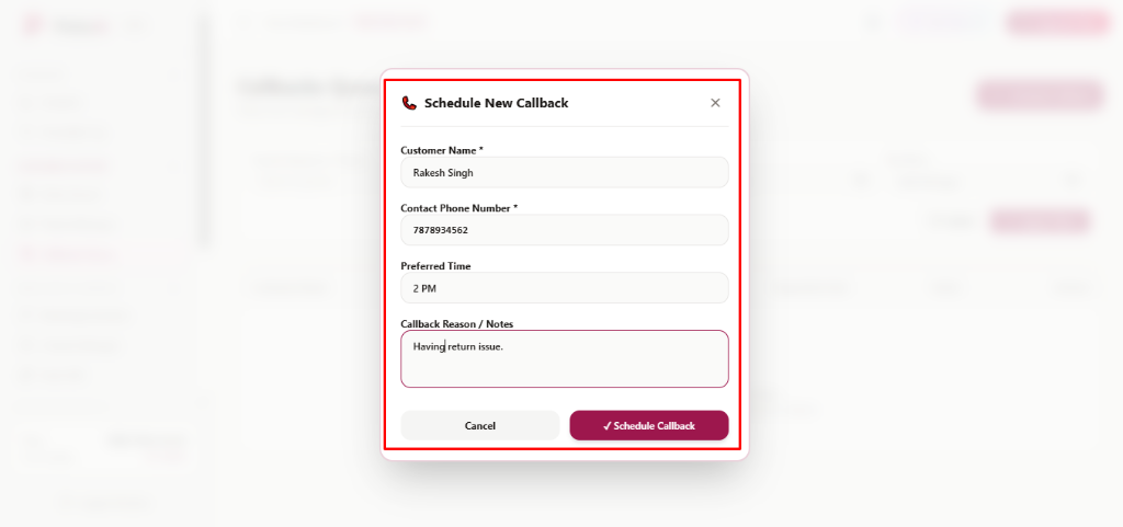 Schedule New Callback Modal Form with Customer Details and Reason