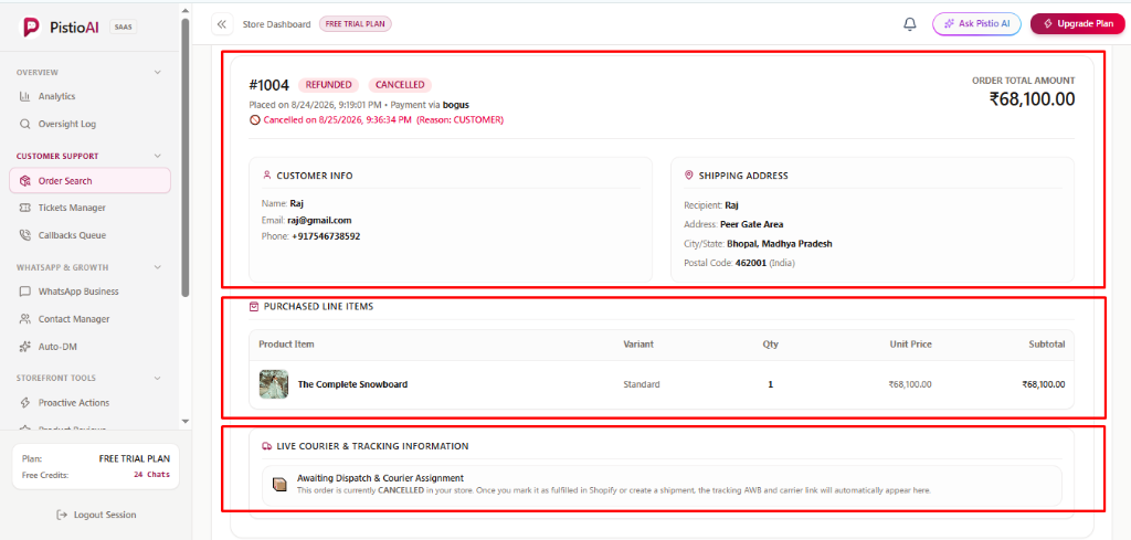 PistioAI Order Details, Purchased Line Items, and Live Tracking