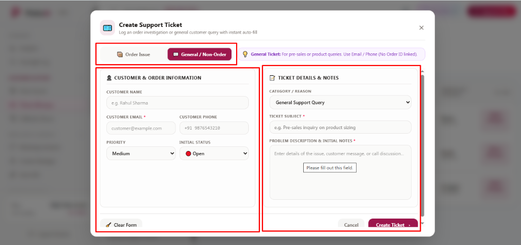 Create Support Ticket Modal - General Non-Order Tab