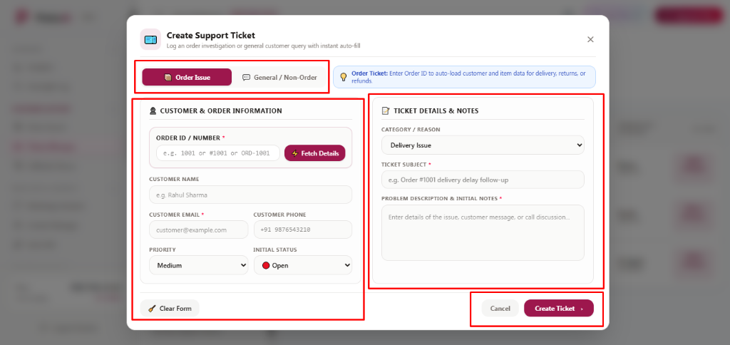 Create Support Ticket Modal - Order Issue Tab