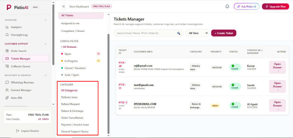 Tickets Manager Category Filter Menu