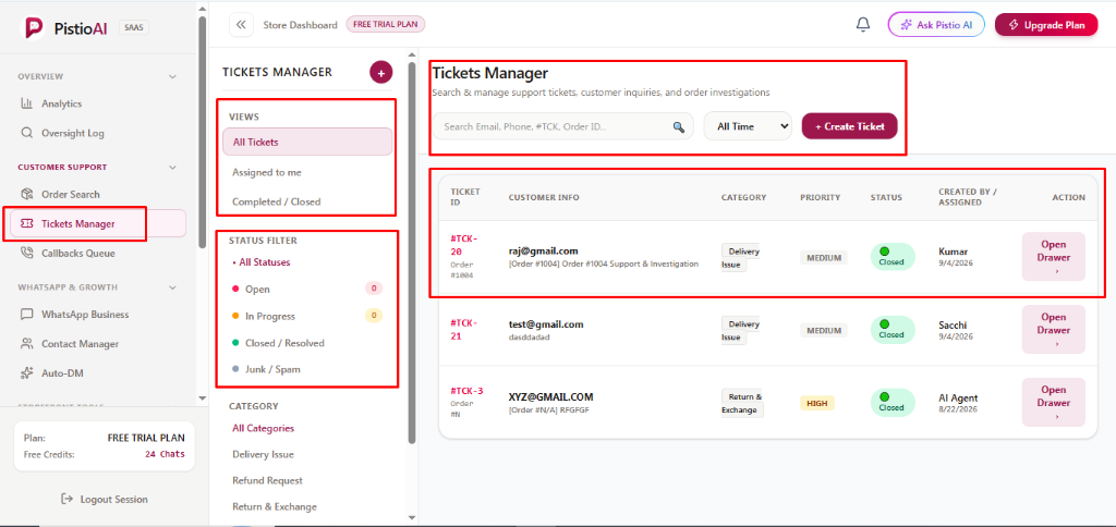 Tickets Manager Main Ledger and Filters Overview
