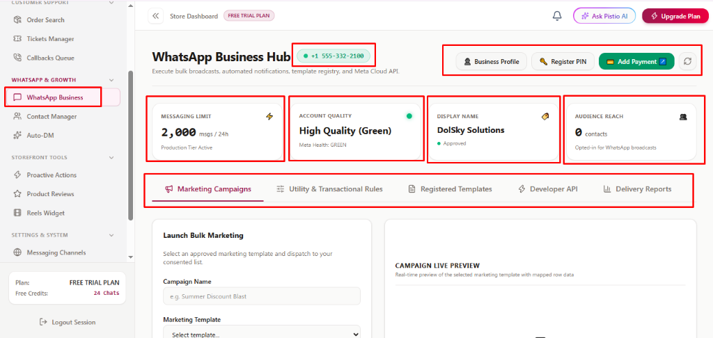 PistioAI WhatsApp Business Hub Overview, Account Health and Tabs