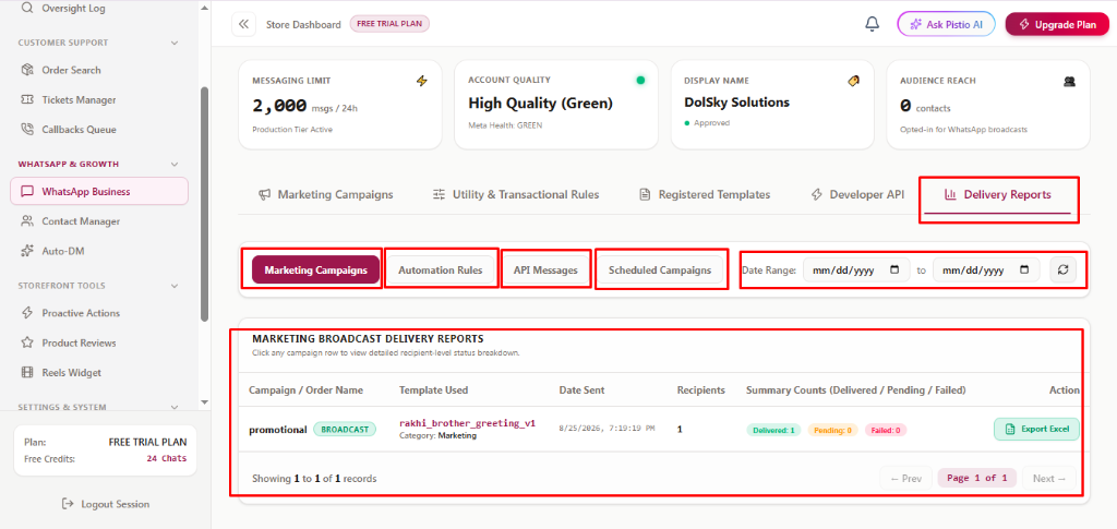 WhatsApp Delivery Reports Ledger and Status Filtering