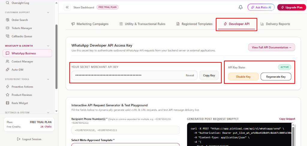 WhatsApp Developer API Access Key and State Controls