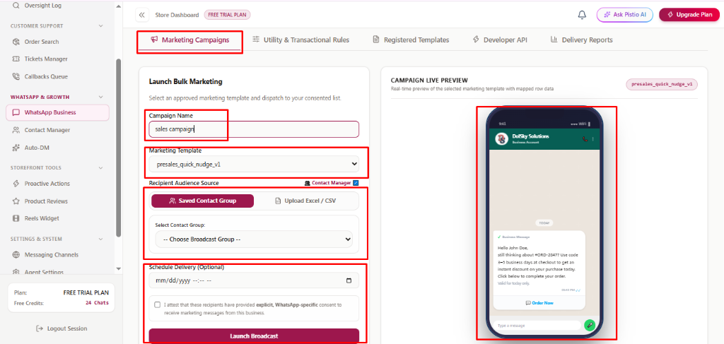 WhatsApp Marketing Campaigns Setup and Real-Time Smartphone Preview