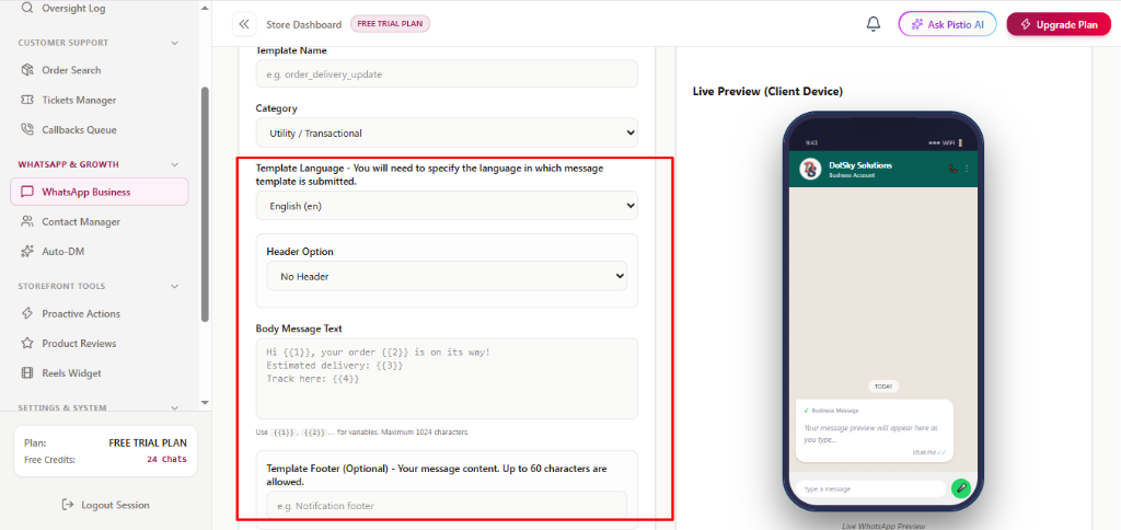 Meta Template Body Variables, Header Options and Device Preview