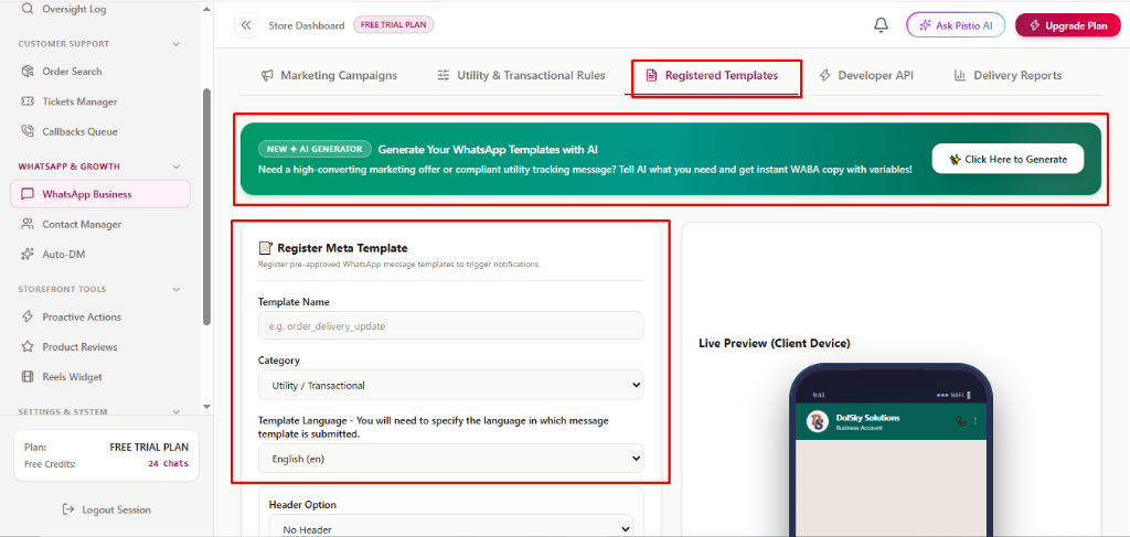 Registered Meta Templates and AI Template Generator Banner